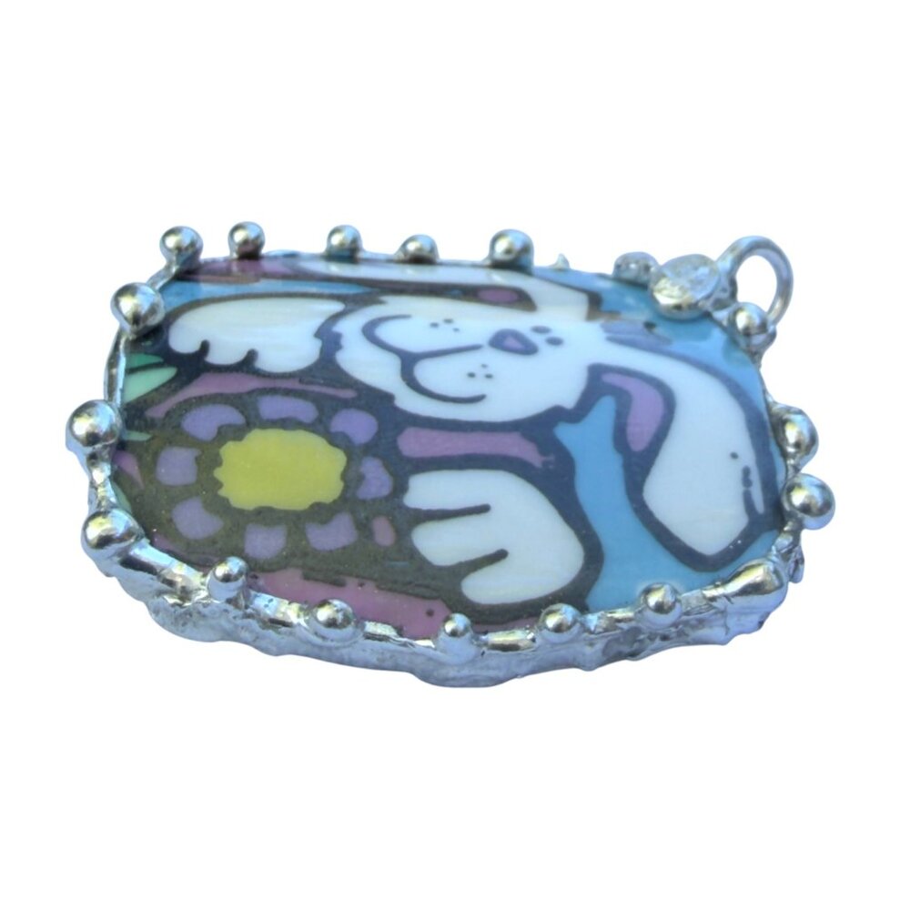 Handmade Easter Bunny Pendant With Silver-Blend Frame Made From Vintage Royal No - Picture 10 of 15
